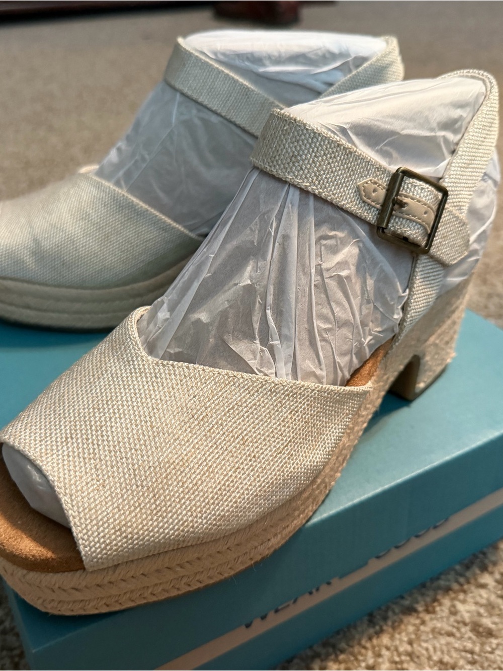 Toms Cream Linen Espadrille Platform Sandals with Ankle Strap NEW size 9